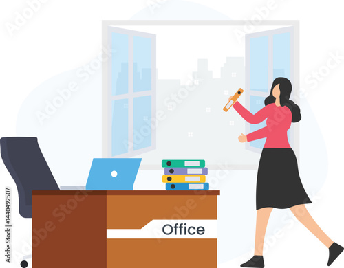 Businesswoman is holding a folder and walking in an office near a desk with a laptop and folders on it and an open window with a view of a city

