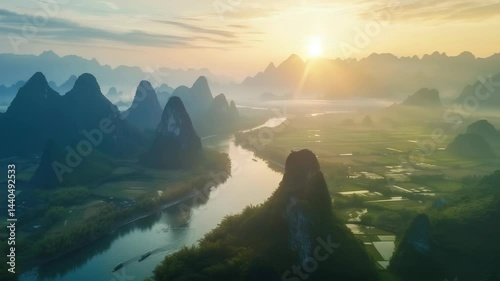 Landscape of Guilin, Li River and Karst mountains. Located near Yangshuo County, beautiful mountain range with a river running through it. water is calm and clear, trees are lush and green