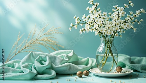 Fresh white flowers in vase on blue background with soft fabric  