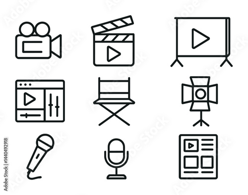 Film and media line icons set – outline style for entertainment, cinema, and production: camera, clapperboard, screen, director's chair, light, microphone, mic, storyboard.