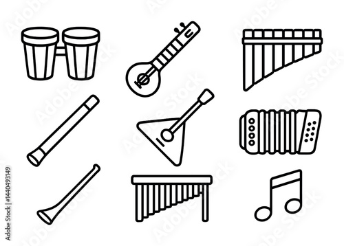 Musical instruments outline icon set – linear style for music education, performance, and entertainment: bongos, banjo, pan flute, balalaika, harmonica, xylophone, note.