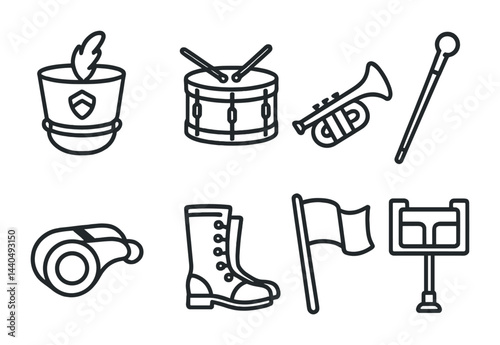 Marching band outline icon set – line art music, parade, and performance symbols for event planning: drum, trumpet, whistle, flag, baton, boots, hat.