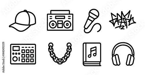 Hip hop culture outline icons set – linear style music, dance, and urban art symbols for creative projects: cap, boombox, microphone, graffiti, beat machine, chain, music book, headphones.