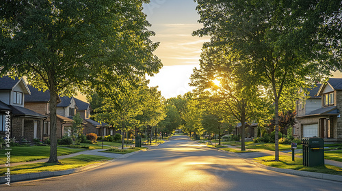 serene tree lined suburban street with detached houses bathed in warm sunlight