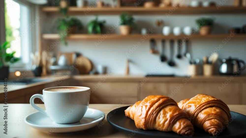 Freshly baked croissant and coffee cup served on a black dish. Scrumptious food and warm drink on wooden table. Morning meal at a clean counter.