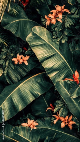 Lush tropical foliage featu large banana leaves vibrant orange hibiscus flowers deep green jungle backdrop for tropical garden or exotic plant design