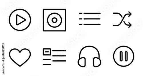 Music streaming outline icon set – linear style audio, playlist, and listening symbols for digital interfaces: play button, record, equalizer, shuffle, heart, song list, headphones, pause