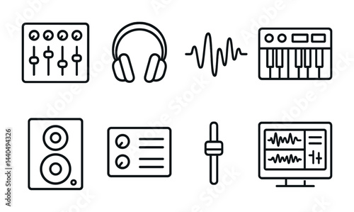 Music production line icons set – outline style symbols for audio engineering, sound design, and studio setup: mixer, headphones, waveform, keyboard, monitor, fader, computer.