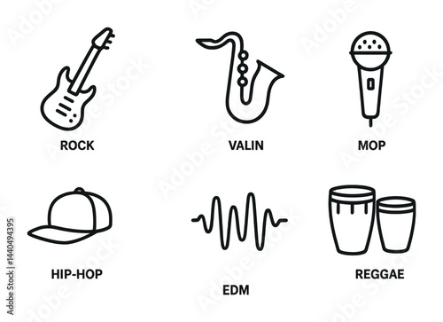 Music genre icons with guitar, saxophone, microphone, hat, sound wave, and drums