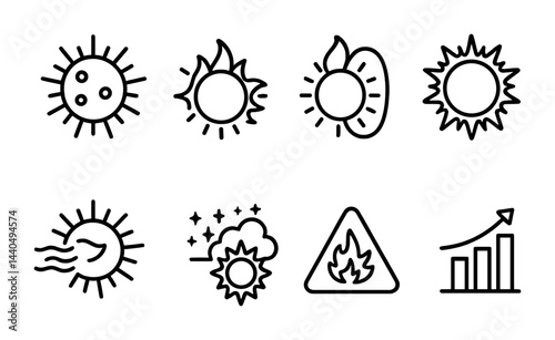 Weather and climate outline icons set – linear style meteorology, forecast, and nature symbols: sun, wind, cloud, fire, chart, stars, moon, temperature.