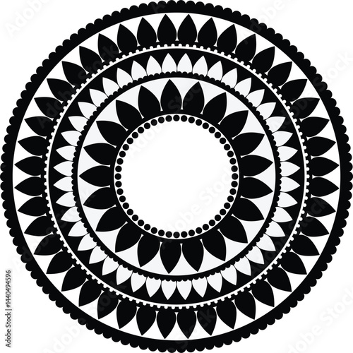 Black and White Mandala Circular Floral Pattern Isolated on White Background
