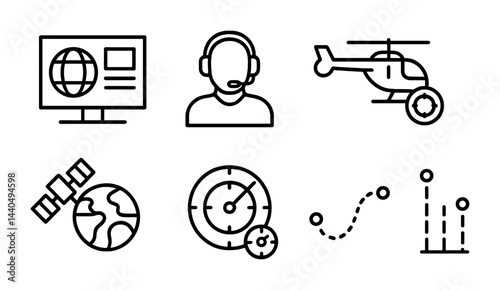 Communication and technology linear icons - outline style: network, satellite, and navigation symbols for digital connection: computer, headset, helicopter, satellite, radar, path, data.