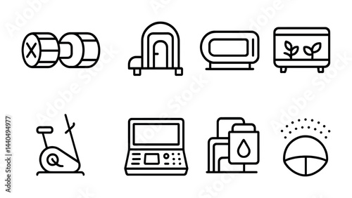 Home fitness and wellness outline icon set – linear health, exercise, and lifestyle symbols for wellness planning: weights, treadmill, sauna, elliptical, water, greenery, meditation, scales.