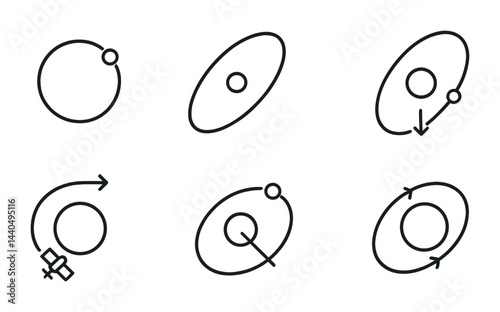 Science and space outline icons set - linear style astronomy, physics, and technology symbols: atom, gravitational pull, orbit, satellite, motion path, nucleus.