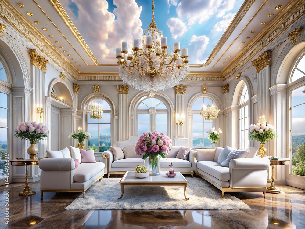 Luxurious Living Room: Cloud Sofa, Marble Floor, Crystal Chandeliers, Pastel Flowers