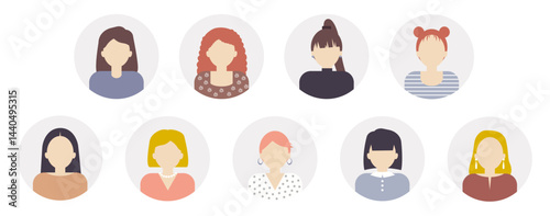 Set of 9 avatar icons. Faceless woman profile pictures for social media, blogs, forums, anonymous group chats, or online work.