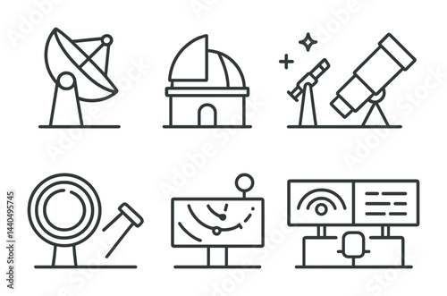 Astronomy and space exploration icon set – outline design celestial, science, and stargazing symbols: telescope, observatory, satellite, radar, control panel
