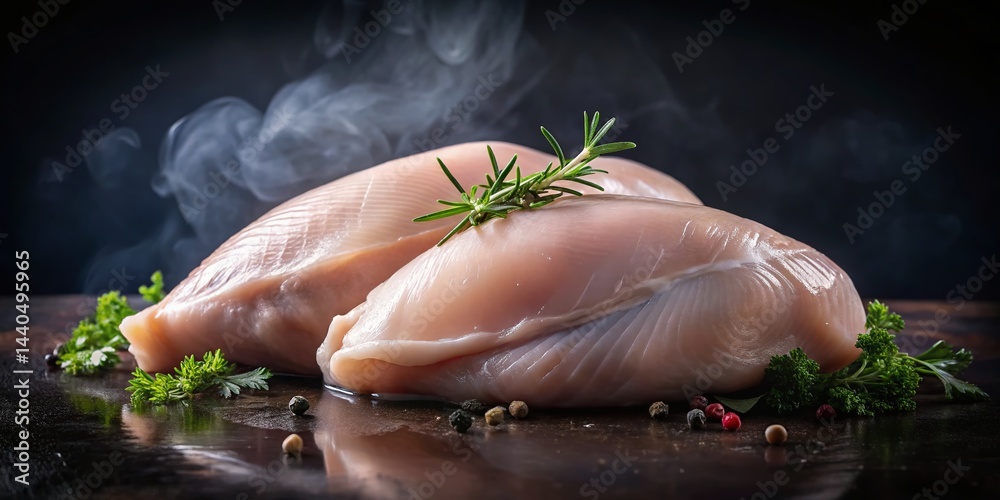 Tender Pink Chicken Breast Double Exposure Dark Background Stock Photo