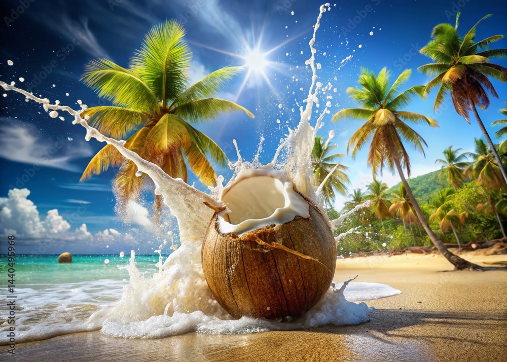 Tropical Coconut Splash: Slow Motion Beach Scene - Stock Photo