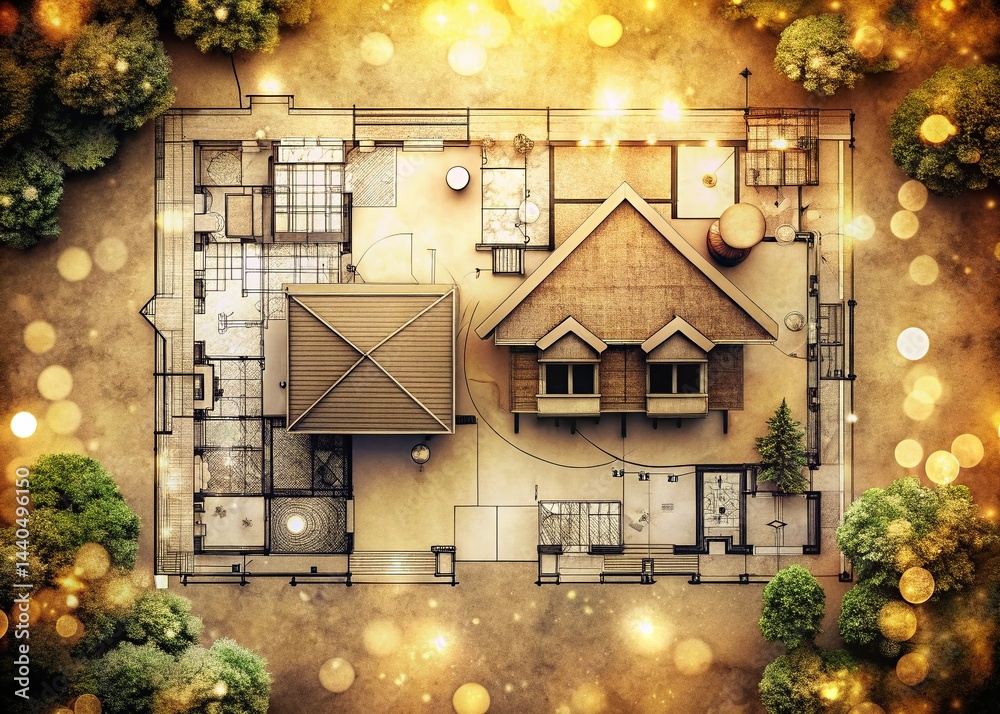 Vintage Style Aerial View: Charming 2-Bedroom Single Story House Plans