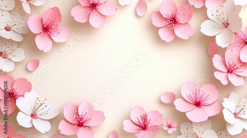 Elegant floral arrangement with pink and white cherry blossoms forming a border and a soft beige background, perfect for sp themes and decorative design