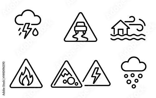 Weather and natural disaster outline icons set – linear style safety, alert, and climate symbols for emergency planning: thunderstorm, flood, fire, earthquake, blizzard, landslide.
