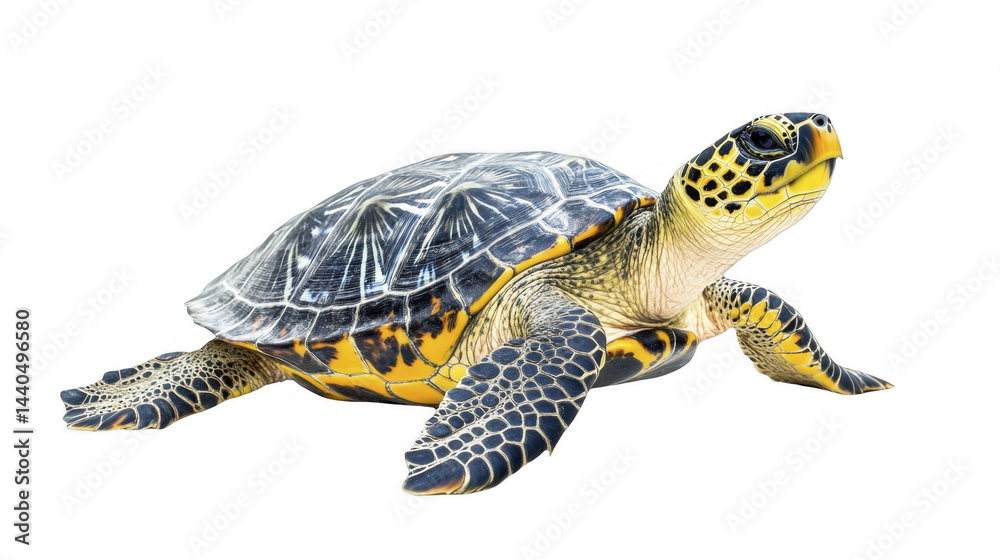 Obraz premium Detailed shot of a sea turtle, displaying intricate shell details and mottled skin coloration, aquatic life, on a transparent background, PNG image, PNG file.