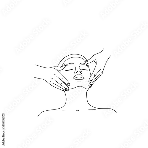Continuous line vector, woman getting face massage in beauty salon or cosmetology clinic. Spa and relaxation concept, healthy skin