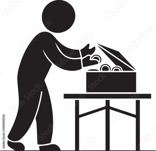 Man putting coin in box. Black and white simple vector illustration.