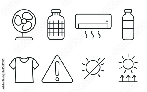 Energy conservation and cooling linear icons – outline set for sustainability, temperature control, and efficiency symbols: fan, ac, thermos, water bottle, sun, warning, shirt.