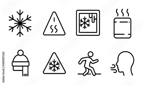 Winter and weather outline icon set – linear style for cold climate, frost, and safety precautions: snowflake, ice warning, window with frost, heater, scarf, icy road, person running, cold breath.