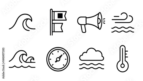 Marine and ocean line icons set – outline style for sea adventure, nautical exploration, and maritime safety: wave, flag, megaphone, wind, stopwatch, cloud, thermometer.