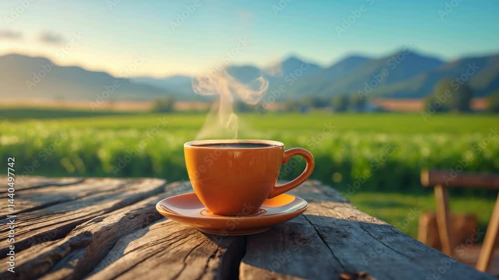 Ceramic brown cup of hot black coffee on a wooden table outdoors, surrounded by a vintage nature backdrop.