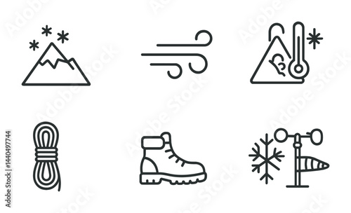 Winter hiking and mountaineering outline icons – linear style adventure, cold weather, and outdoor activities symbols: mountain, wind, rope, boot, thermometer, anemometer.