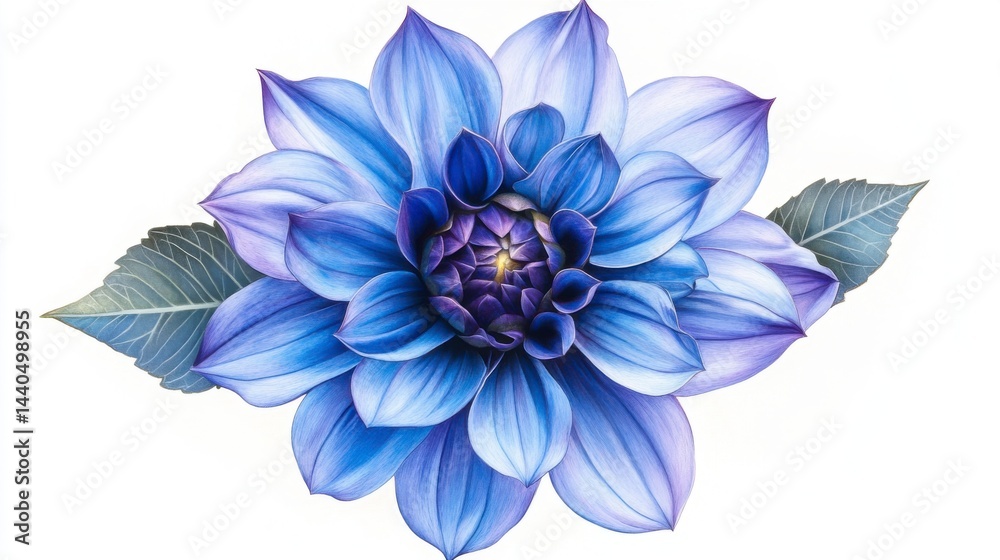 Obraz premium Close Up Light Blue Dahlia Flower with Dark Purple Center and Two Leaves