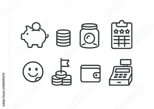 Finance and money outline icons set – linear style banking, investment, and budgeting symbols for financial planning: piggy bank, coins, savings jar, clipboard, smile, wallet, cash register.