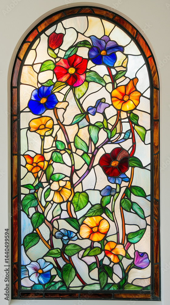 Stained glass window with morning glories vertical