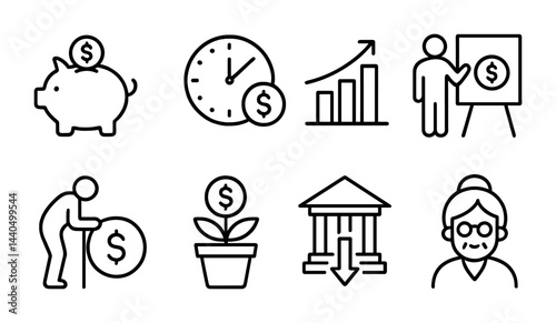 Finance and investment icon set – outline style money management, savings, and banking symbols for financial planning: piggy bank, clock, graph, chart, growth, bank, retirement.