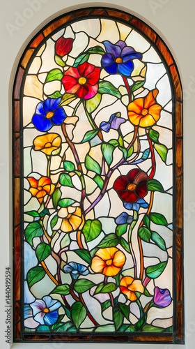 Obraz na płótnie Stained glass window with morning glories vertical w salonie