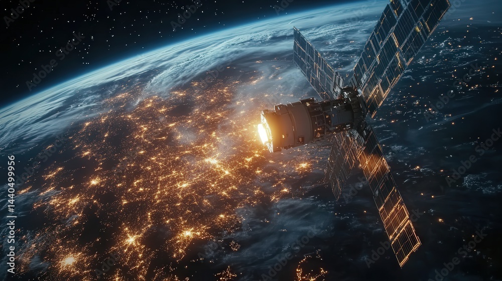 satellite in orbit beaming ultra-fast internet signals to Earth, illuminating a network of interlinked smart cities glowing with cyber energy