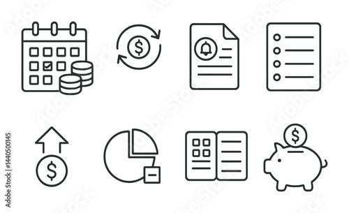 Finance and budgeting icon set – outline style for money management, accounting, and savings solutions: calendar, coins, document, checklist, growth chart, pie chart, piggy bank.