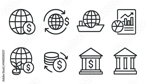 Global finance linear icon set – outline style economy, banking, and currency symbols for financial growth: globe, coins, exchange, bank, chart, investment, trade.