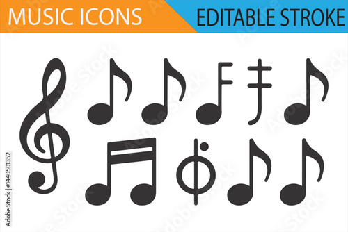 Collection of 9 editable music note icons, including treble clef and quarter notes