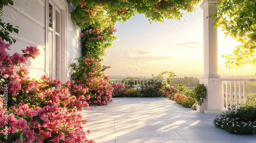 serene terrace adorned with blooming flowers, basking in warm sunlight