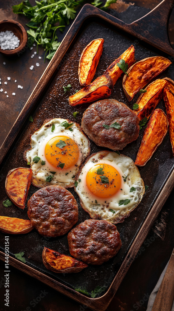 Vertical sheet pan breakfast of sausage and eggs
