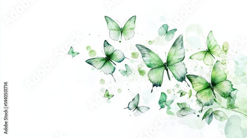 Delicate green butterflies fluttering in formation, soft watercolor brush strokes on white. Mood: peaceful and natural
