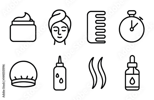 Haircare outline icons set – flat style beauty, salon, and self-care symbols for health routines: cream jar, spa face, comb, timer, shower cap, oil bottle, drops.