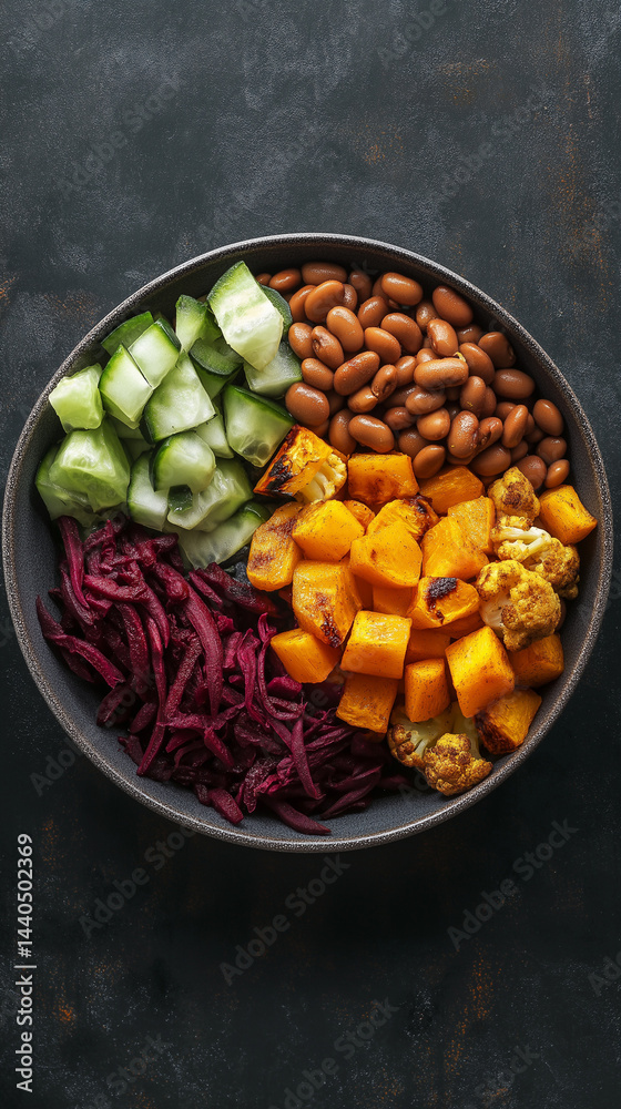 Vertical vegan bowl with beans, squash, beets and copy space