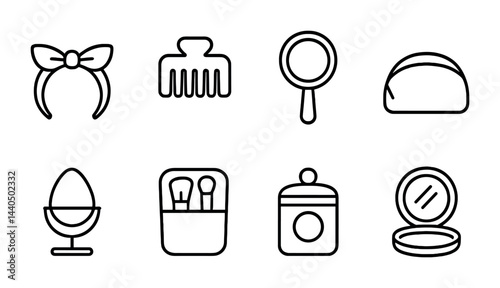 Beauty and makeup outline icon set – linear style cosmetics, fashion, and salon symbols for personal care: headband, comb, mirror, pouch, egg chair, makeup brushes, jar, compact.