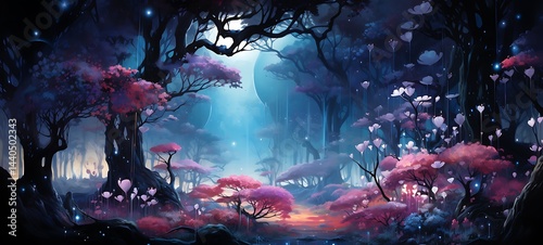 a fantasy multitude of colorful glowing flower are growing on the trees, ai generative